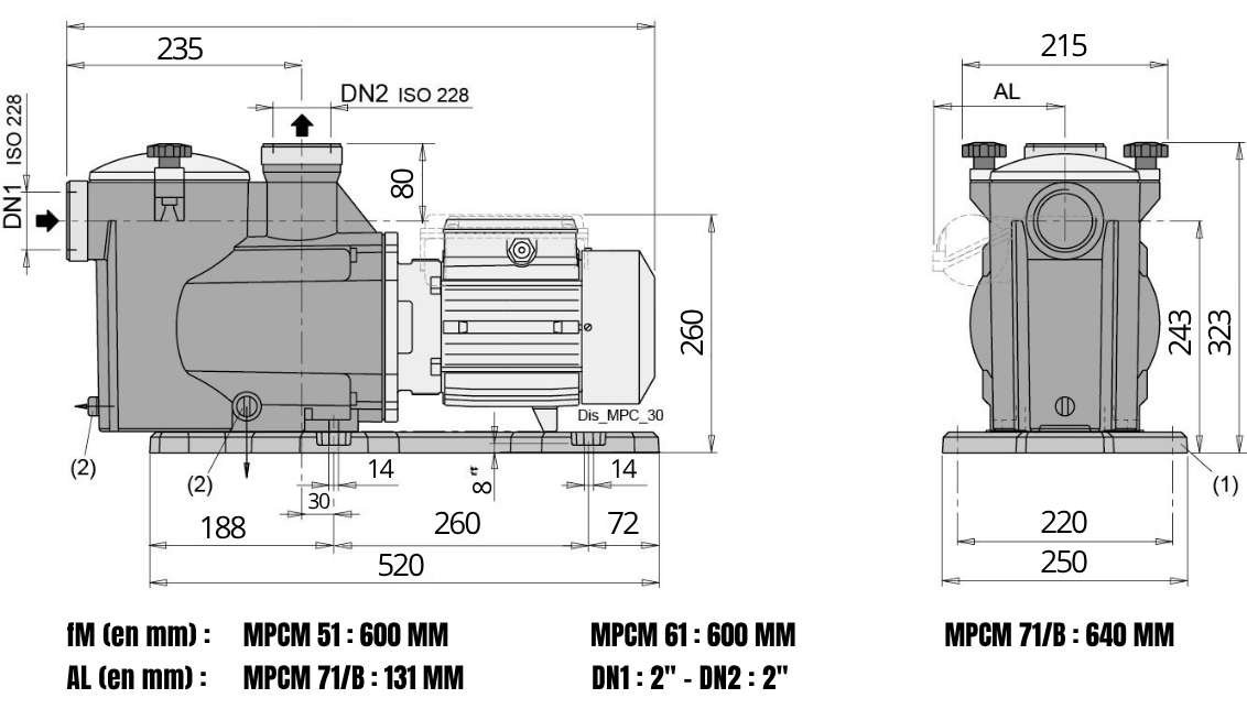 Dimensions Pompes CALPEDA Monophasé MPCM 51 - 61 - 71/B