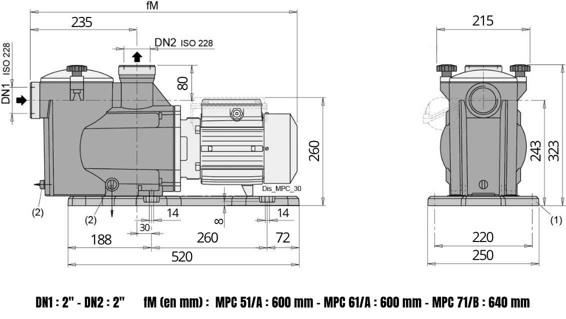 Dimensions Pompes CALPEDA 51/A - 61/A - 71/N - Triphasé