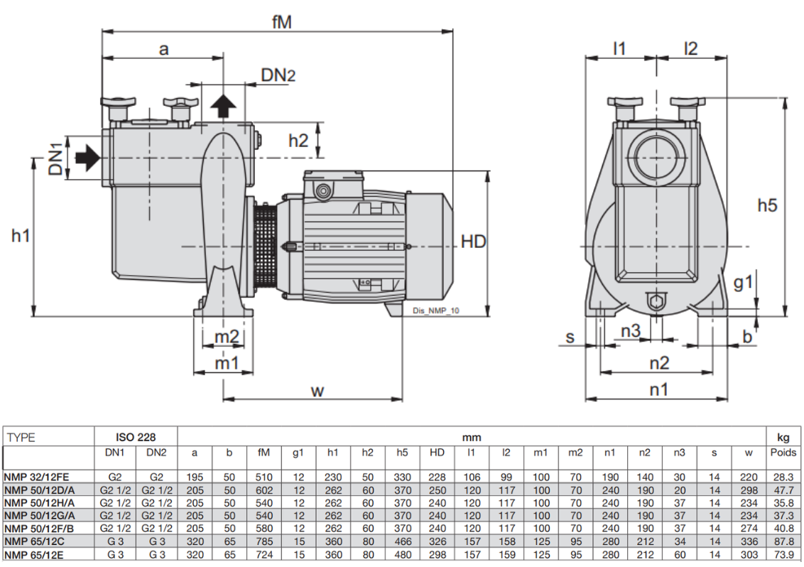 Dimensions NMP CALPEDA 32/12 FE - 50/12 H/A - 50/12 G/A - 50/12 F/B - 50/12 D/A - 65/12 E - 65/12 C - Triphasé